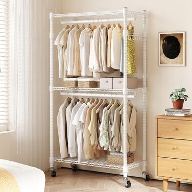 Double Clothes Rack/Garment Rod with Adjustable Shelves, Heavy-Duty Clothes Rack with 2 Hooks, Rolling Clothes Rack, 90 * 42 * 205cm, White (White, 60*42*205cm)