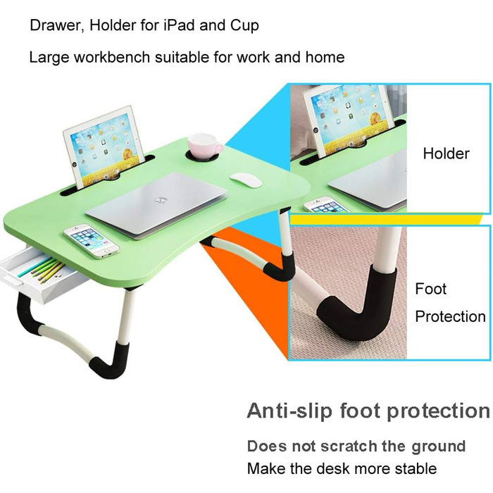 Зручний столик-підставка для ноутбука з ящиком для зберігання, тримачами для чашки та планшета, розкладний, 23.6 дюймів, зелений