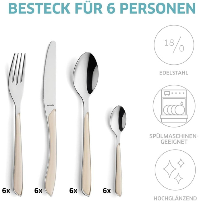 Набір столових приборів Kuppels Prisma для 6 осіб з нержавіючої сталі, рожеві ручки | 24 шт. | Нержавіючий | Столовий набір | Kuppels