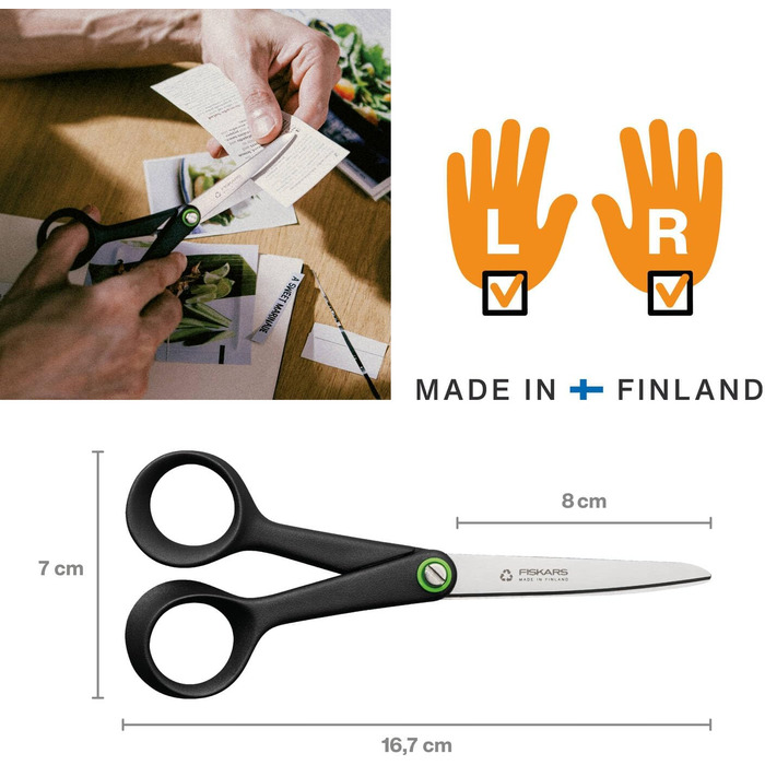 Універсальні ножиці Fiskars ReNew 16,7 см, чорні, з переробленої нержавіючої сталі та пластику, ергономічна ручка, модель 1074543