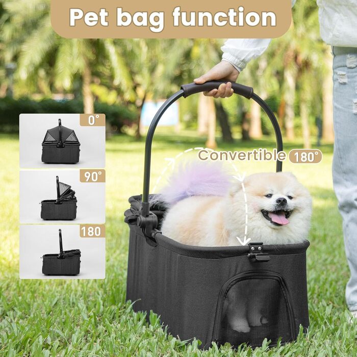 Візок для собак 2-в-1 з віднімним кошиком, складний візок для цуценят для собак та котів, 4 колеса з кишенькою для зберігання, візок для тварин з поворотними на 360° передніми колесами для подорожей на відкритому повітрі (Чорний)