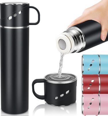 Термос із нержавіючої сталі 550 мл - термос-термокружка з чашкою та ручкою, вакуумний термос 12 годин гарячий / 12 годин холодний, нековзний термос для кави в дорогу для спорту, роботи, школи, автомобіля (Чорний)