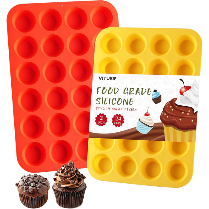 Silicone Mini-Muffin Tin, non-stick coated, 24 cavities, ideal for making muffins, cakes, tarts, bread, BPA-free, dishwasher safe, Red + Yellow, 2 pieces