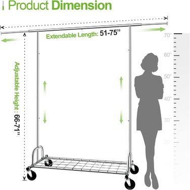 Heavy-Duty Clothes Rack, SPECILITE 2-in-1 Clothes Rack Stable with Wheels and Shelves, Load Capacity 217 KG, Adjustable Metal Heavy-Duty Garment Rack on Wheels