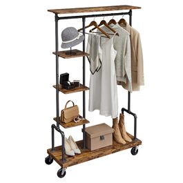 VASAGLE Rolling Garment Rack with 5 Shelves - Industrial Style Clothes Rack, Steel Frame, Vintage Brown & Black