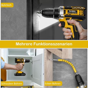 Акумуляторний шурупокрут Sundpey 21V з 2x2000mAh акумулятором, 45 Нм, 18+1 момент, 10 мм патрон, 19 шт. для DIY проектів