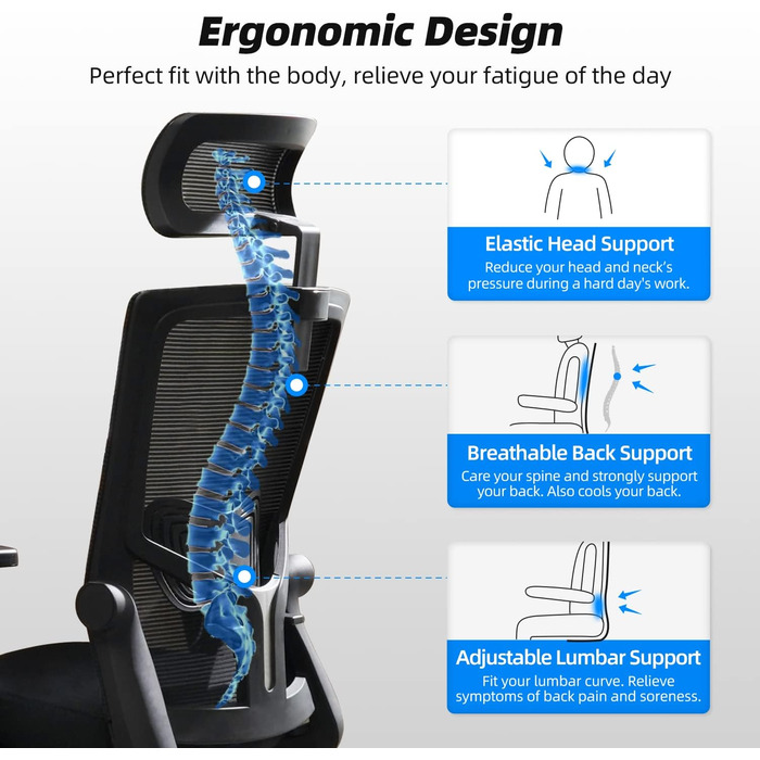 Ергономічне крісло Daccormax для офісу: регульована підголовник, підлокітники, підтримка попереку, поворотний механізм, функція гойдання, сітчасте крісло для начальника, чорний, до 150 кг