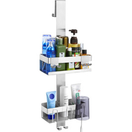 Emibele Shower Shelf No Drilling, Stainless Steel Bathroom Organizer with 2 Baskets & 8 Hooks, Shower Shelf No Drilling for Frameless Glass Door, Sturdy Bathroom Shelf with a Load Capacity of up to 10 kg, Silver