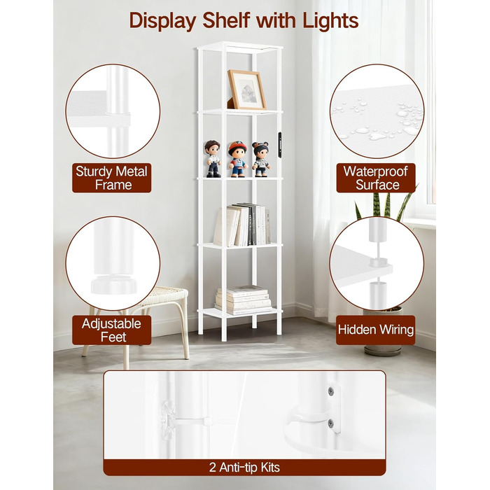 Стельова лампа з поличкою, LED, регулювання яскравості, 3 колірні температури, сенсорне управління та пульт, полиця для книг, дерев'яна, сучасний дизайн для вітальні, спальні, офісу (білий)