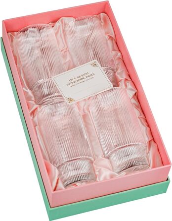 GLASSIQUE GIFT Vintage Art Deco Collins Gin Longdrink Ribbed Cocktail Glasses | 4-Piece Set | 400 ml Slim Tall Ribbed Highball Longdrink Glasses for Mojito Cocktails