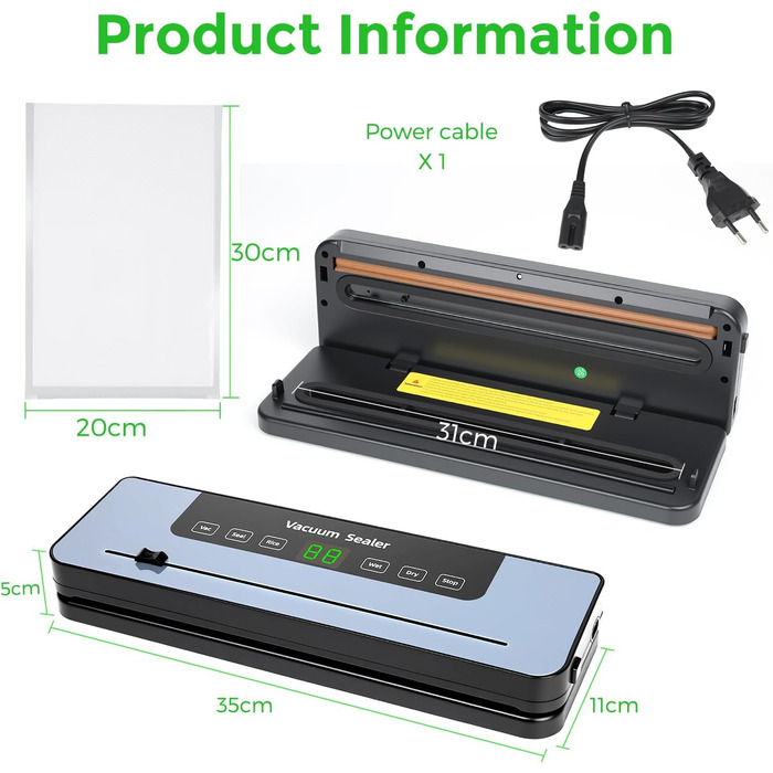 Вакуумний пакувальник Großcat з 50 пакетами, апарат для пакування продуктів харчування з різаком та цифровим таймером для кухні та ресторану