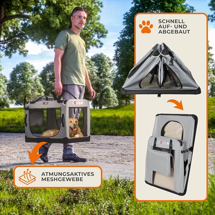 CADOCA® Collapsible Dog Carrier - Portable & Breathable Pet Travel Box - Large 60x42x44cm Grey