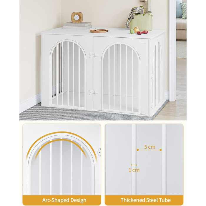 Hzuaneri Modern Dog Crate Furniture - Indoor Dog Kennel with 3 Doors & Tabletop - Durable White Dog Cage 108x64x76cm (DFC86013W)