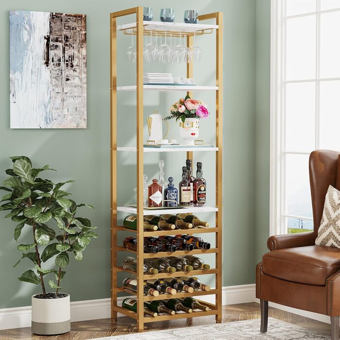 Tribesigns 20 Bottle Wine Baker's Rack, Freestanding Floor Wine Rack, 9 Tiers, Industrial Freestanding Wine Rack Wine Bar with Glass Holder Bottle Shelf for Bar, Kitchen, Dining Room, (Gold, 1 PC)