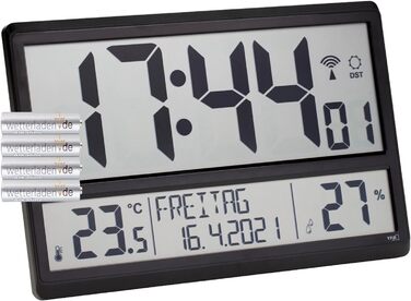 TFA Dostmann XL Wall Clock digital, 60.4520.01, with temperature and humidity, weekday (8 languages), radio-controlled clock, easy to read, large, (Black with batteries)