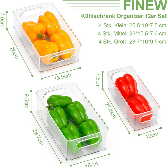 Набір органайзерів для холодильника FINEW, 12 шт (4 маленьких, 4 середніх, 4 великих), прозорі пластикові контейнери для кухні, комори, шаф, мийки, ванної, без BPA, що штабелюються