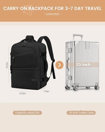 LOVEVOOK Рюкзак для ручної поклажі 40л, чорний, для подорожей, з відділенням для мокрого та сухого, для ноутбука, 45x36x20 см