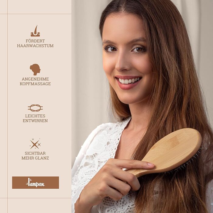 Бамбукова щітка для волосся з щетиною дикого кабана Lampox, масажна щітка для голови, розплутування волосся для жінок, чоловіків та дітей (овальна)