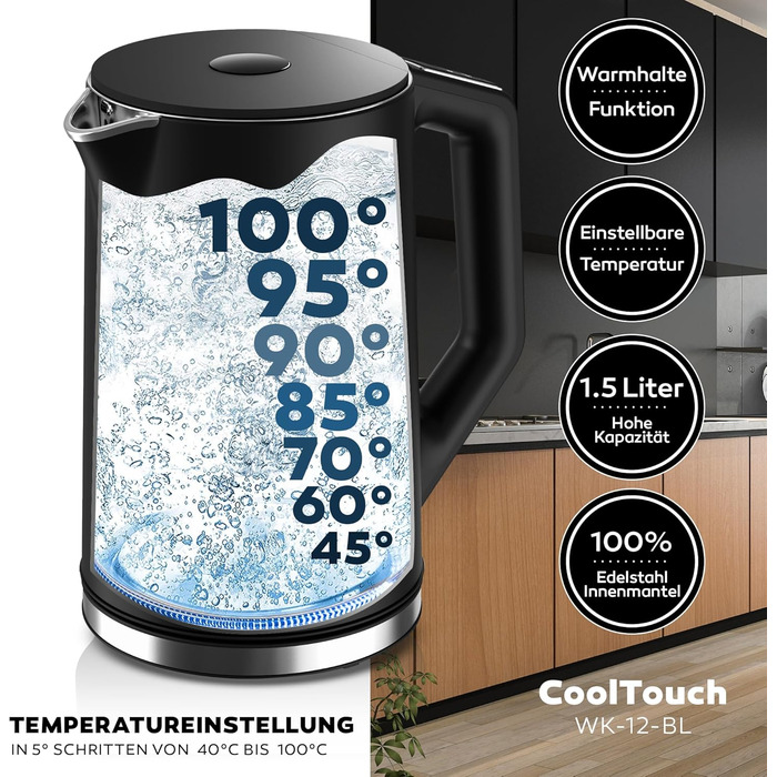 Balter Stainless Steel Electric Kettle with Temperature Control - 40°C to 100°C, Double Wall, BPA Free, 1.7L, 2200W, Quiet Kettle (D. Black)