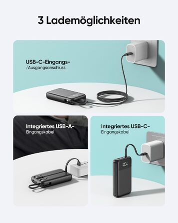 Повербанк ADDTOP 20000mAh з 4 вбудованими кабелями, швидка зарядка 22.5W, компактний зовнішній акумулятор (Чорний)