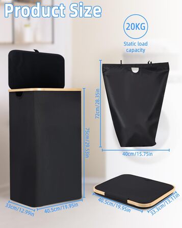Laundry Basket with Lid 100L, Laundry Box with Bamboo Handles and Inner Pocket, Bamboo Laundry Collector, Large Capacity, Laundry Baskets, Foldable Laundry Baskets for Laundry Room, Bedroom, Bathroom (black)