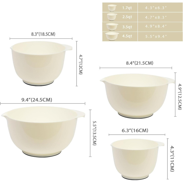 Набір мисок для змішування BoxedHome (4 шт.) з пластику, бежевий. Миски для салатів, ручне миття, неслизькі, стійкі, для сервірування та приготування їжі.