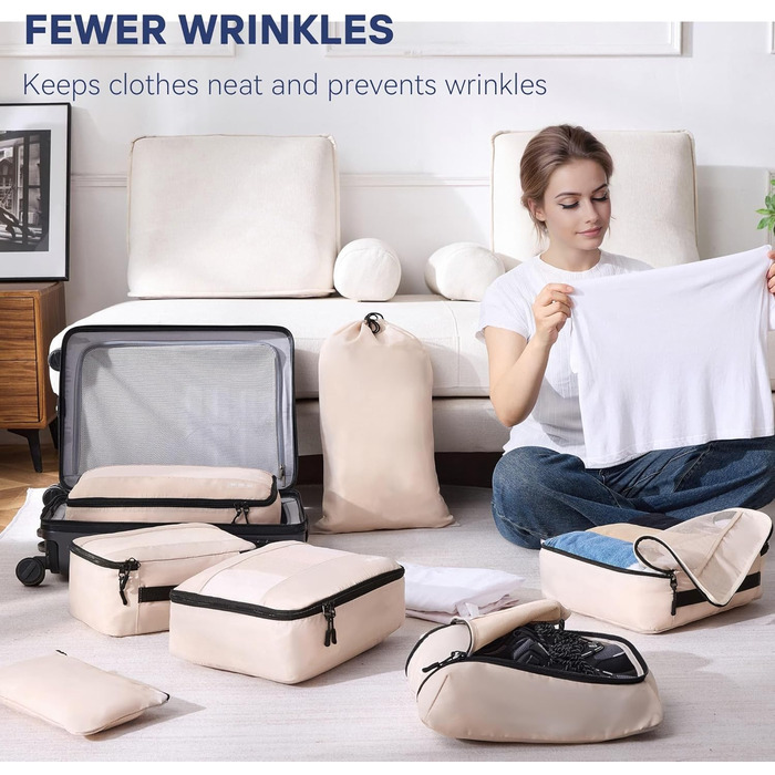Органайзер для валізи MURISE, 8 шт. - Packing Cubes для подорожей, набір для організації речей у валізі, з мішечком для взуття та косметички, бежевий колір
