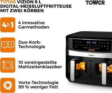 Фритюрниця Tower T17100 Vortx Vizion 9 л з двома кошиками, цифровим управлінням і 10 автоматичними програмами, чорна, аерофритюрниця з подвійним кошиком