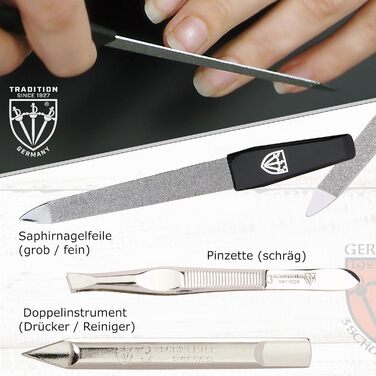 Набір манікюру DREI SCHWERTER 'Anzio III' 5 шт. | Набір для догляду за нігтями в шкіряному етажері чорного кольору | Зміст: кусачки для нігтів, ножиці для кутикули, пінцет, алмамна пилка для нігтів, засіб для очищення нігтів (шкіряний етажер - чорний Anzi