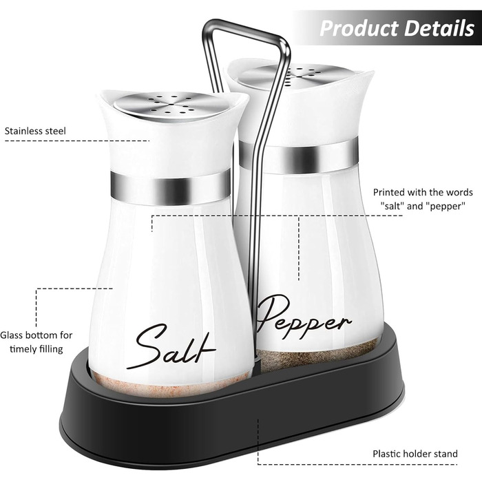 Набір для солі та перцю: солінку та перцінку з нержавіючої сталі та скла, куховий аксесуар, контейнери для спецій чорного та білого кольорів, для кухні, в дорогу, кемпінг, барбекю, багаторазове наповнення