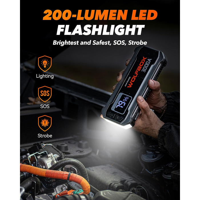 Powerbank WOLFBOX для запуску авто: 12V, 3000A, LED-ліхтар, для SUV, LKW, мотоциклів