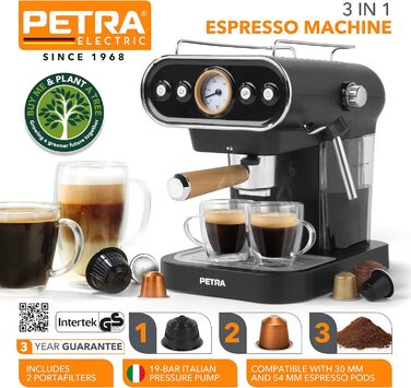 Petra Coffee Machine Barista Pro 1.5L, Semi-Automatic Espresso Machine with Milk Frother, Small Coffee Machine for Espresso & Cappuccino, Coffee Maker 15 Bar, 850W (3-in-1 Barista Coffee Machine)