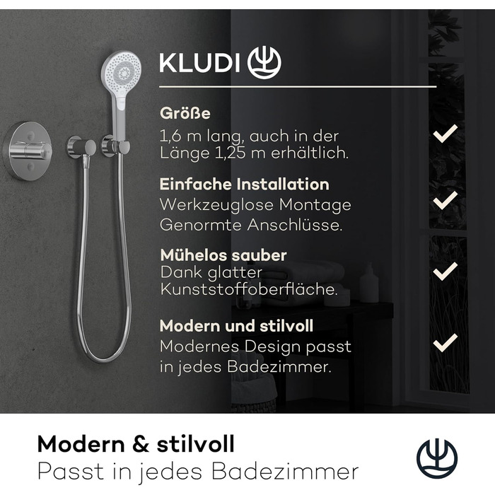KLUDI-X3 Universal Shower Head with Hose, optional shower spray, water-saving with 3 spray patterns (Body, Hair, Skin), easy-to-clean shower head Ø 11.7 cm, shower hose 1.60 m
