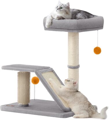 Feandrea Cat Tree with Lounging Area, Multifunctional Cat Tree with Platform, Swivel Ramp, Cat Brush, Plush Balls, Scratching Post, Small Cat Tree, 66.6 cm High, Light Grey PCA024G01