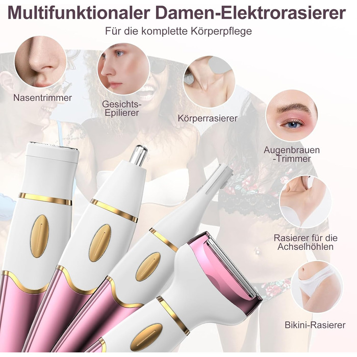 Електричний жіночий тример 4-в-1 з цифровим дисплеєм – для обличчя, ніг, під пахвами та інтимної зони, водонепроникний IPX7, USB-зарядка, рожевий