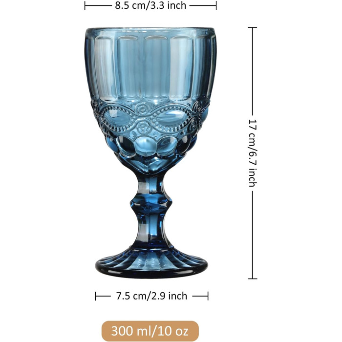 Joeyan Blau Vintage Wine Glasses with Embossed Design, Colored Relief Red Wine Glasses White Wine Glasses, Drinking Glasses, Goblet Glasses, Wine Goblet for Wine Juice Drinks, 300 ml, Set of 4, Dishwasher Safe