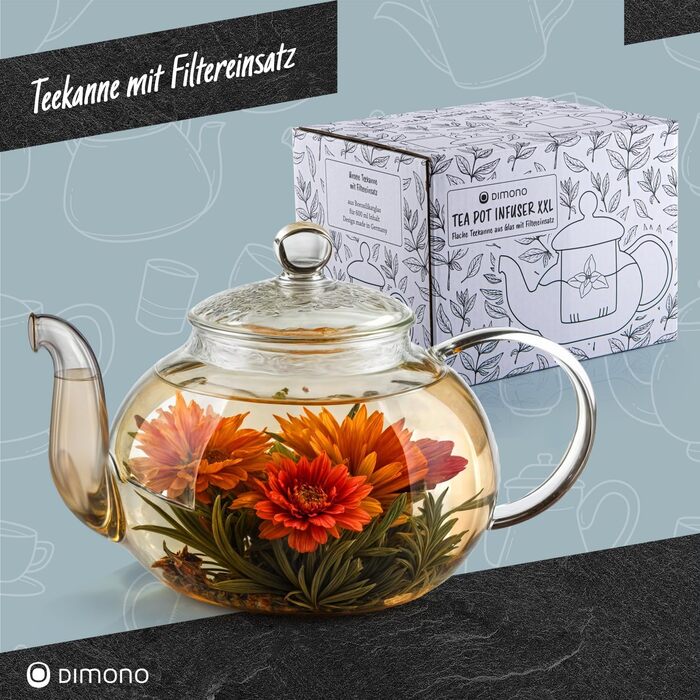 Скляний чайник Dimono з фільтром для заварювання чаю, об'єм 1500 мл (600 мл), ручна робота