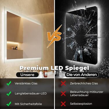 Дзеркало для ванної кімнати з підсвічуванням 60x50x3,5 см, LED, 6400K, холодний білий, економія енергії, вертикальне/горизонтальне кріплення, вимикач на стіні, матові краї