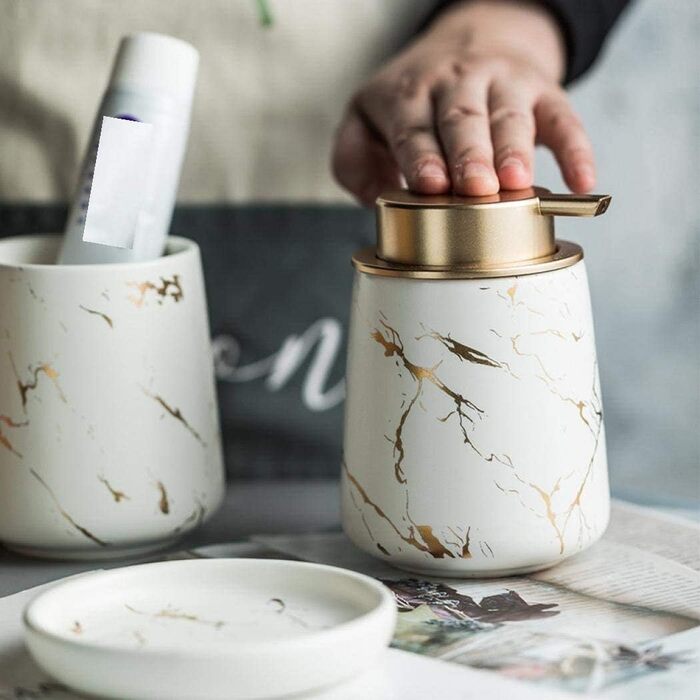 Набір для ванної кімнати з 4 предметів, кераміка, набір аксесуарів для ванної кімнати, імітація мармуру, себорер, стакан для зубної пасти, тримач для зубних щіток, тримач для мила (темно-зелений) (білий)