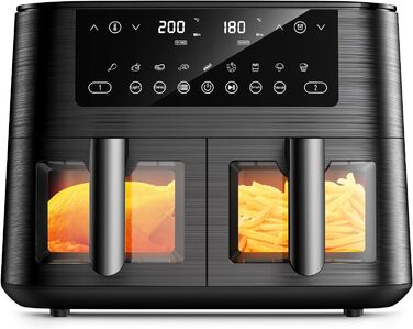 Дво-зонна аерофритюрниця з оглядовим вікном, 9 л XL, подвійний Airfryer, 2 кошики, 9-в-1, сенсорний екран, розумний таймер, для здорового приготування без олії