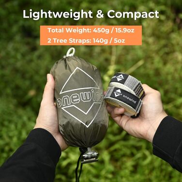 onewind Long Ultra-Light Camping Hammock for Backpackers, Portable, Compact, Ideal for Hiking, Camping, Travel (Od Green - with Ultra-Light Tree Straps, 335cm * 140cm)