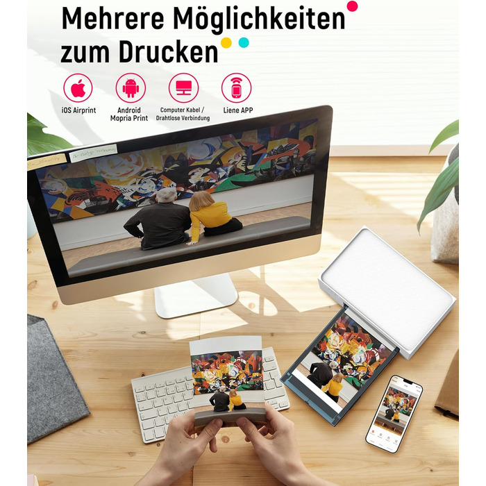 Портативний фотодрук для смартфонів Liene (10x15 см) + 2 пачки фотопаперу (20+80 аркушів), WiFi, сублімація, для iPhone/Android/PC, білий