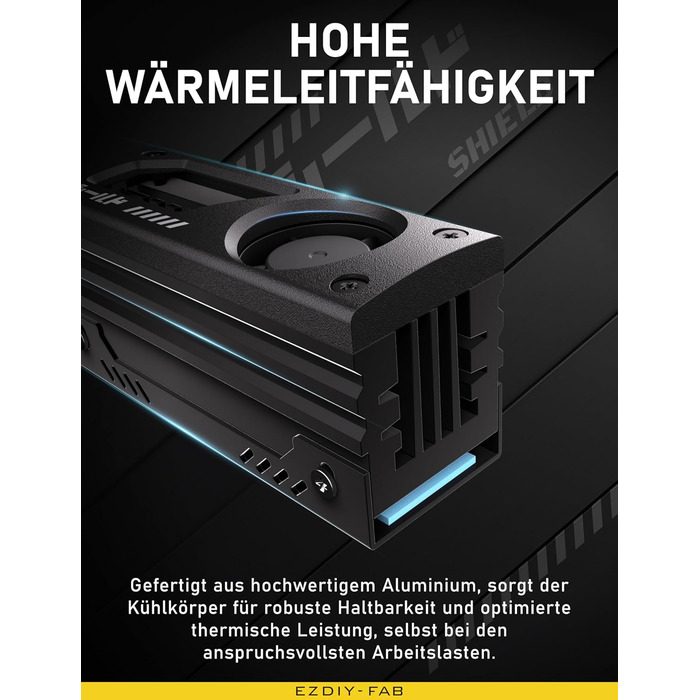 Радіатор охолодження M.2 SSD EZDIY-FAB з вбудованим 20mm PWM вентилятором, преміум-алюмінієвий дизайн, високопродуктивний кулер для M.2 2280 - Чорний - 1 шт.
