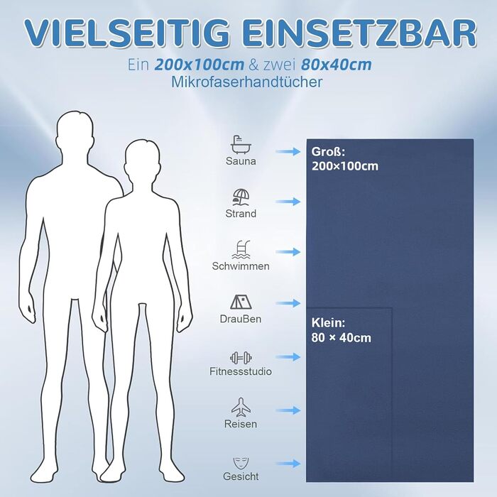 Набір з 3 рушників з мікрофібри - великий 200x100 см та 2 маленькі 80x40 см, швидковисихаючі спортивні рушники, для подорожей, душу, фітнесу та пляжу (темно-синій)