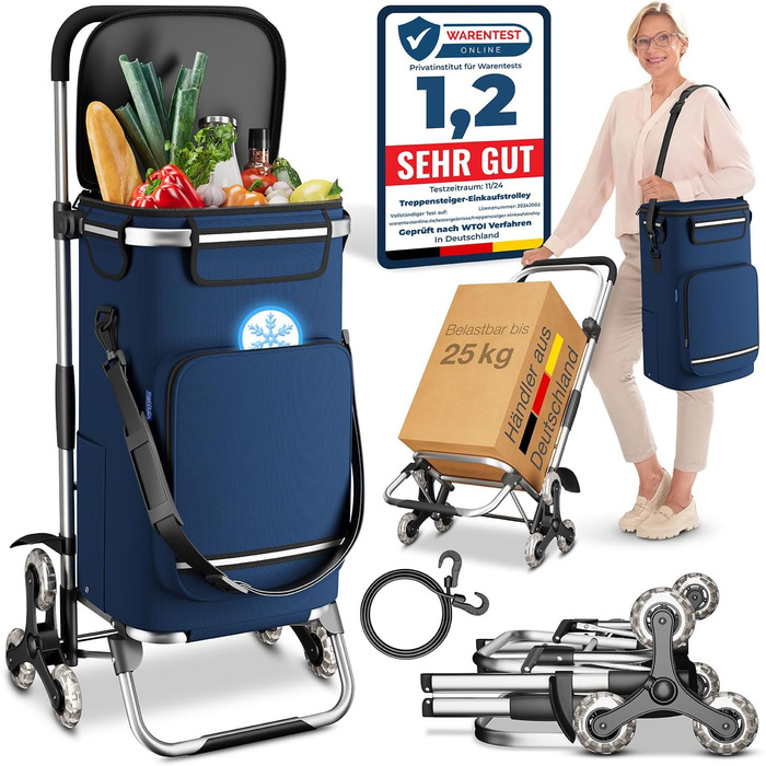 Stair Climber Shopping Trolley with Cooler Compartment, Folding Shopping Cart, Height-Adjustable Shopping Trolley, Reflectors, Removable 43 L Bag, Hackenporsche (Stair Climber Trolley, Navy)