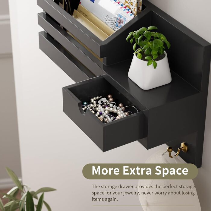 Настінна органайзер для ключів з 6 гачками та шухлядою, дерев'яна полиця для ключів, настінна вішалка для ключів, для прихожей, офісу, вітальні (білий)