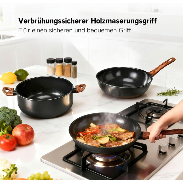 Набір каструль LEADZM з керамічним покриттям (22 частини) - сумісний з усіма плитами, без PFOA/PFOS, бежевий + чорний та натуральний кольори