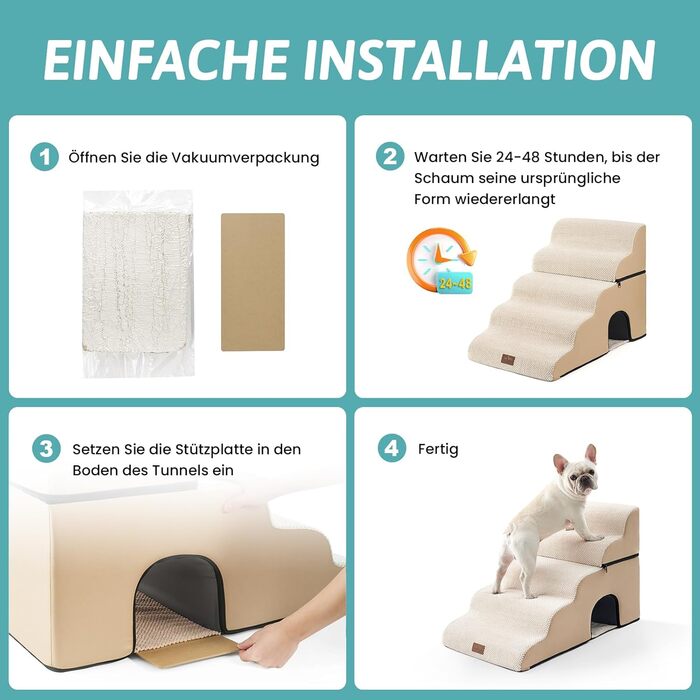 Dog Stairs for Small Dogs, Pet Stairs for Loft Bed made of High-Density Foam, Dog Stairs Dog Ramp with Washable Cover (83x50x57cm-Hole, 5.0) (Beige)
