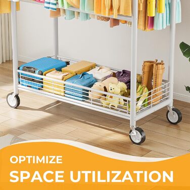 Вішалка для одягу Bomclap, міцна, на колесах, розсувна, з 3 перекладинами, 8 гачків та полицею, до 160 кг, біла