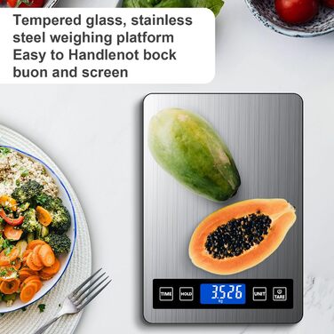 Кухонні ваги GRAM: цифрова вага для приготування їжі та випічки, 10 кг, з таймером та функцією утримання, точність 1 г, з нержавіючої сталі та загартованого скла